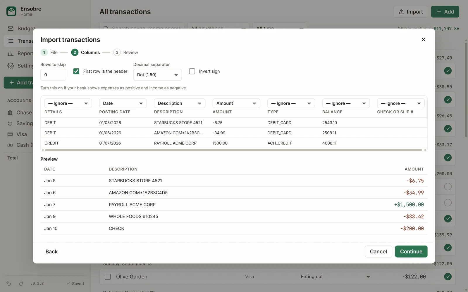 Import wizard mapping the columns of a bank CSV, with a live preview of the transactions.