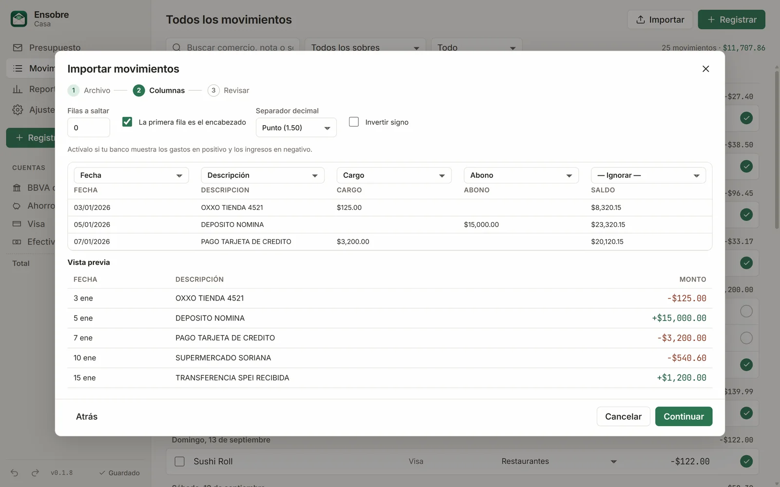 Asistente de importación asignando las columnas del CSV de un banco, con vista previa de los movimientos.